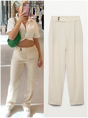 MANGO Pleated Suit Pants in Off White Straight Leg Trousers High Rise  2 / XS